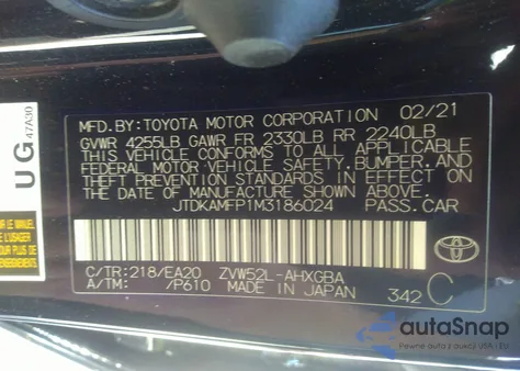 2021 Toyota Prius Prime Xle из США, поврежденный, VIN JTDKAMFP1M3186024